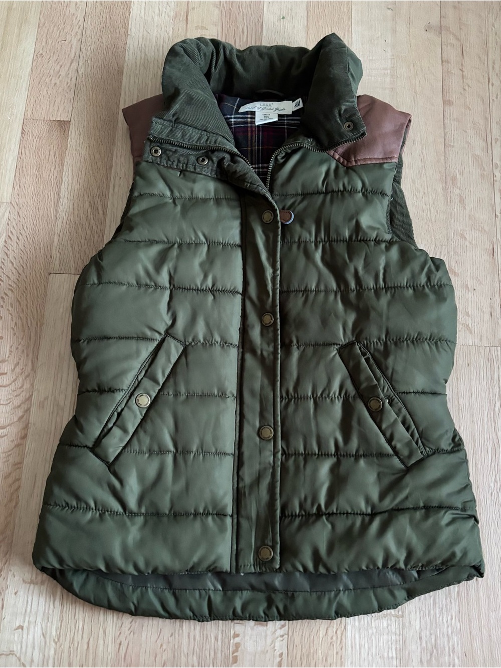 H&M Olive Green Quilted Jacket with Plaid Lining